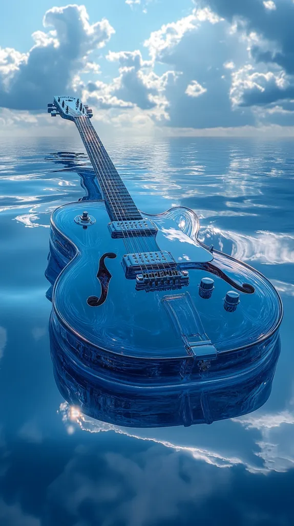 A vibrant blue electric guitar floats serenely on calm, turquoise water under a partly cloudy sky.  The guitar's reflection is clearly visible on the water's surface, mirroring the tranquil scene.  The image evokes a sense of peace and musical inspiration.  The guitar appears to be made of a translucent material, allowing the water to subtly distort its appearance.