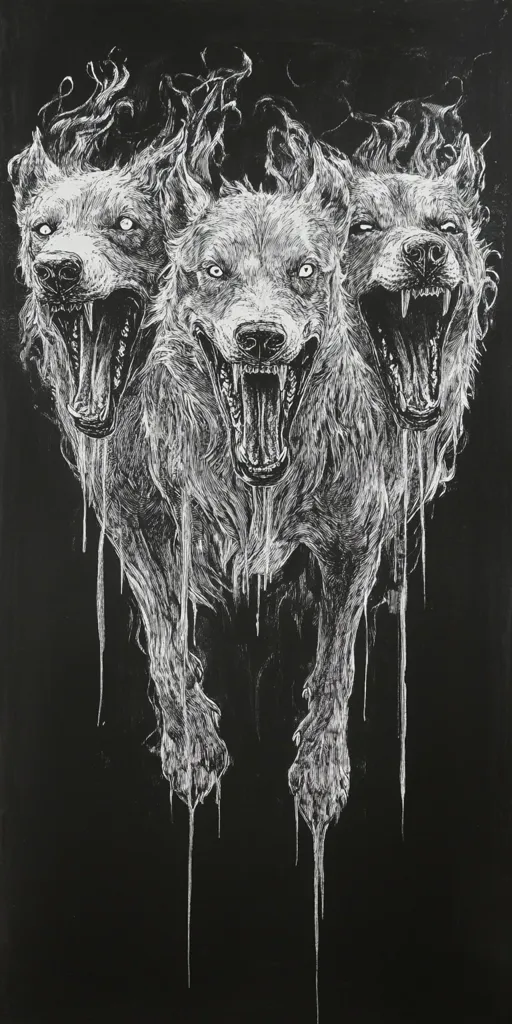 A chilling monochrome artwork depicts a three-headed wolf, rendered in stark white against a black backdrop.  Each head bares its fangs in a ferocious snarl, and the creature's form drips with an ethereal, viscous substance.  The style suggests a dark, fantastical or mythical creature, with detailed linework emphasizing texture and movement. The overall effect is one of intense power and unsettling beauty.