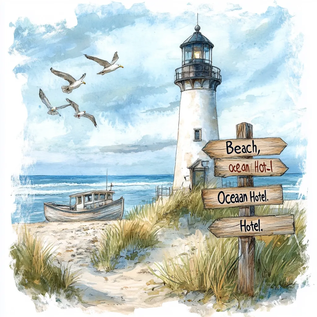 A watercolor painting depicts a serene coastal scene.  A white lighthouse stands proudly beside a sandy beach, where a small fishing boat rests.  Seagulls fly overhead against a bright, partly cloudy sky.  A weathered wooden signpost points towards the beach and a nearby Ocean Hotel, creating a charming and idyllic coastal atmosphere.