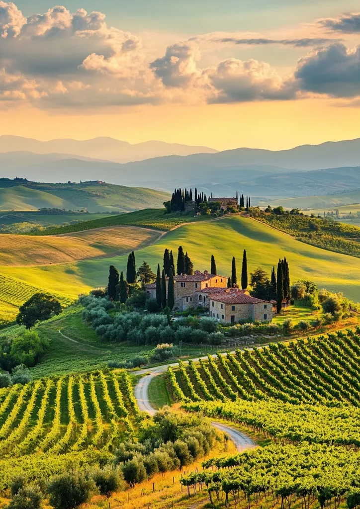 A picturesque Tuscan landscape unfolds at sunset. Rolling hills, vibrant green vineyards, and cypress trees line a dirt road leading to a charming stone farmhouse.  The warm light bathes the scene in a golden hue, creating a tranquil and idyllic atmosphere. Distant mountains provide a breathtaking backdrop to this quintessential Italian countryside.