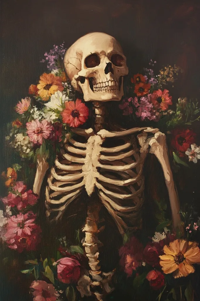 A meticulously painted artwork depicts a human skeleton adorned with a vibrant bouquet of flowers. The skull, positioned at the top, gazes serenely, while the ribcage and spine are embraced by a profusion of colorful blooms in rich, dark hues. The contrast between the skeletal remains and the lively flowers creates a striking visual narrative, possibly exploring themes of mortality and the ephemeral beauty of life.  The painting's style suggests a classical approach, emphasizing texture and detail.