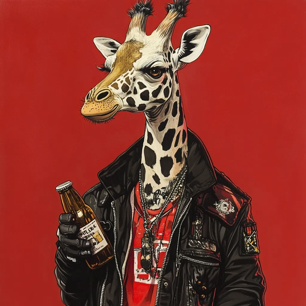 A stylized illustration depicts a giraffe dressed in a black leather jacket, adorned with patches and chains.  The giraffe holds a bottle of beer, its expression cool and slightly aloof. The background is a vibrant red, providing a stark contrast to the giraffe's attire and features. The overall style is reminiscent of graphic novel art or a rock poster.