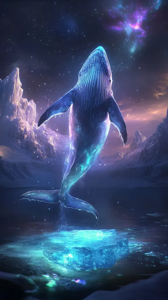 A luminous blue whale leaps from icy, glowing water towards a vibrant nebula in a starry night sky.  Snowy mountains form a dramatic backdrop. The whale's body seems to shimmer with ethereal light, creating a magical, surreal scene.  The overall feeling is one of wonder and otherworldly beauty.