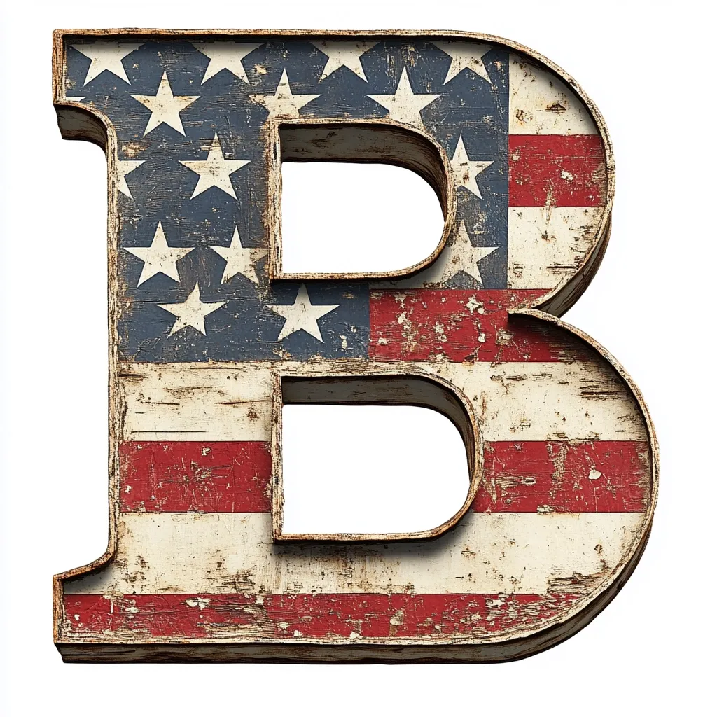 A three-dimensional uppercase letter "B" is depicted.  The letter is designed to resemble aged, distressed wood, painted with a faded American flag design.  The red, white, and blue stripes and stars are clearly visible, adding a patriotic feel. The texture suggests weathering and wear, giving it a vintage or antique look. The letter stands out sharply against a pure white background.