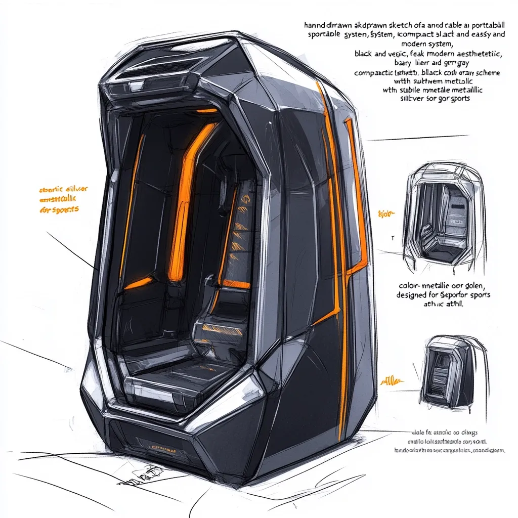 A hand-drawn sketch depicts a portable, compact sports system.  The design features a sleek, dark grey and black aesthetic with subtle metallic silver accents and bright orange interior lighting.  It's described as compact and easily transportable, ideal for athletic applications.  The sketch includes multiple views and details, showcasing the system's overall form and internal space.