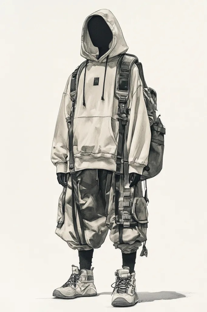 A grayscale illustration showcases a figure clad in tactical streetwear.  The outfit features a large, light-colored hooded sweatshirt, cargo pants with numerous straps and pockets, and sturdy high-top boots.  A substantial backpack with multiple compartments adds to the utilitarian aesthetic. The figure's face is obscured by the hoodie. The style is reminiscent of technical outdoor apparel adapted for urban use.