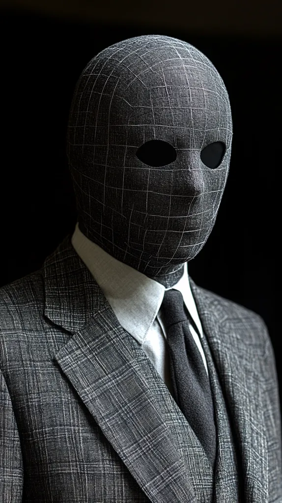 A figure in a gray pinstripe suit wears a unique head covering.  The mask is a dark gray fabric with a grid-like pattern, obscuring the face except for small eyeholes. The overall effect is one of anonymity and subtle menace, suggesting a character of mystery or intrigue. The dark background emphasizes the stark contrast between the suit and the mask.
