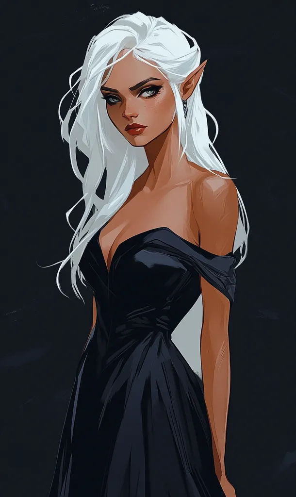A digital painting of a striking elf woman.  She possesses long, flowing white hair and pointed ears, and her tan skin contrasts beautifully with her black, off-the-shoulder gown.  Her expression is serious, her gaze direct, and her makeup is subtly dramatic. The dark background emphasizes her elegant form and striking features.