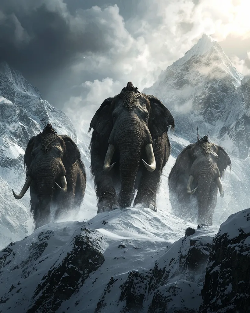 Three woolly mammoths, each carrying a rider, ascend a snow-covered mountain pass.  The scene is dramatic and epic, with a stormy sky and towering, snow-capped peaks in the background. The mammoths are powerfully depicted, their tusks prominent against the bleak, wintry landscape.  The overall mood is one of adventure and perilous journey.