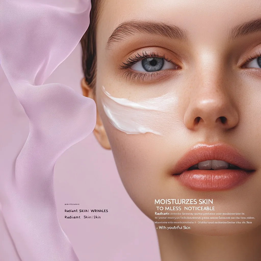 Close-up of a woman's face with a white cream applied to her cheek.  The image promotes a skincare product, highlighting its ability to moisturize and reduce the appearance of wrinkles for radiant, youthful skin.  The soft pink background complements the model's complexion and the product's branding.  Text emphasizes the product's benefits: radiant skin and wrinkle reduction.