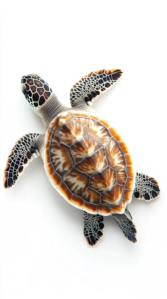A baby sea turtle, viewed from above, is shown against a stark white background.  Its shell is a striking pattern of brown, tan, and black, with intricate detailing visible on its carapace and flippers. The turtle's head is slightly raised, and its limbs are outstretched. The image emphasizes the turtle's delicate features and vibrant colors.