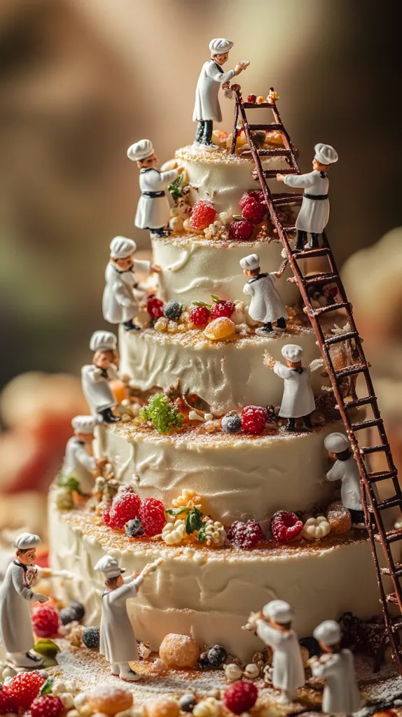 A multi-tiered wedding cake is adorned with miniature chefs decorating it.  The chefs, dressed in white, are strategically positioned around the cake, adding fresh berries and other decorative elements. A chocolate ladder adds a whimsical touch to the scene. The cake itself is a creamy white, textured, and generously decorated with fruit and powdered sugar.  The overall image is a charming and artistic depiction of cake creation.
