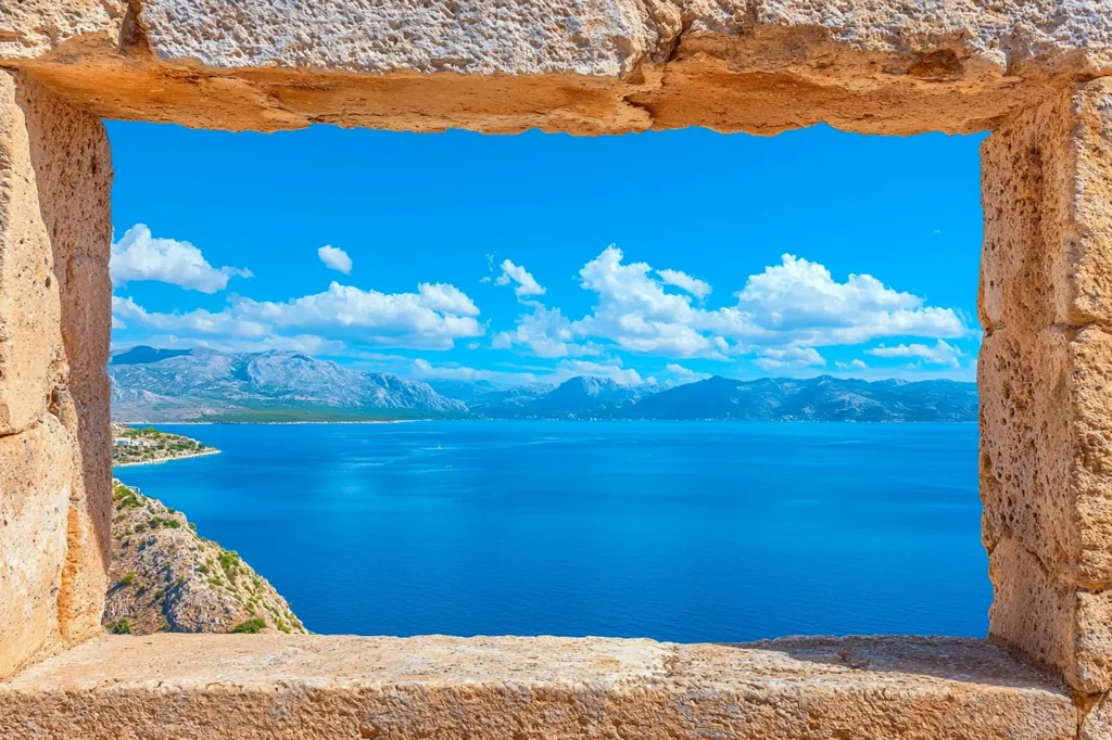 A stone window frame provides a picturesque view of a serene coastal landscape.  The vibrant blue sea stretches towards a distant mountain range under a partly cloudy sky.  The scene is peaceful and idyllic, framed by the weathered stone of an ancient structure, suggesting a historical vantage point. The light suggests a bright, sunny day.