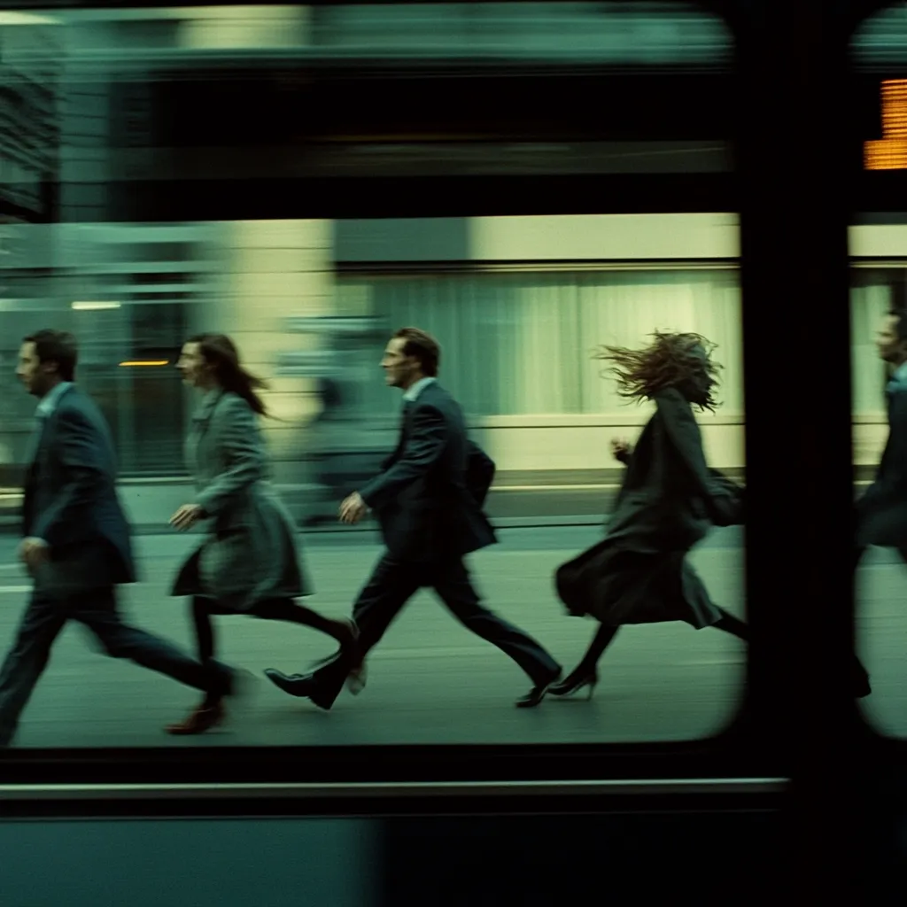 Five figures, sharply dressed in business attire, are captured mid-stride in a dynamic motion blur.  The scene unfolds on a city street, the background slightly out of focus, emphasizing the hurried energy of the individuals. The composition creates a sense of urgency and anonymity within a bustling urban environment, suggesting a fast-paced, contemporary lifestyle. The color palette is muted and predominantly dark green.