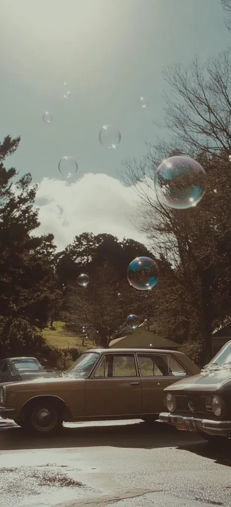 A vintage photograph depicts two classic cars parked on a street, framed by bare trees and a softly clouded sky.  Several iridescent soap bubbles float in the air, adding a whimsical touch to the scene. The overall tone is nostalgic and peaceful, evoking a sense of calm and a bygone era. The cars are muted browns, blending with the autumnal colours of the background.