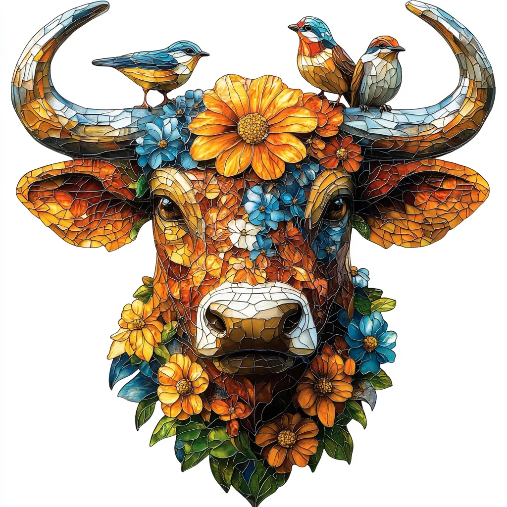A vibrant mosaic artwork depicts a cow's head adorned with a crown of colorful flowers and three small birds perched atop its horns.  The cow's coat is rendered in warm oranges and browns, contrasting with the cool blues and yellows of the flowers. The style mimics stained glass, with each piece contributing to the overall image. The image is detailed and striking, showcasing a blend of nature and art.