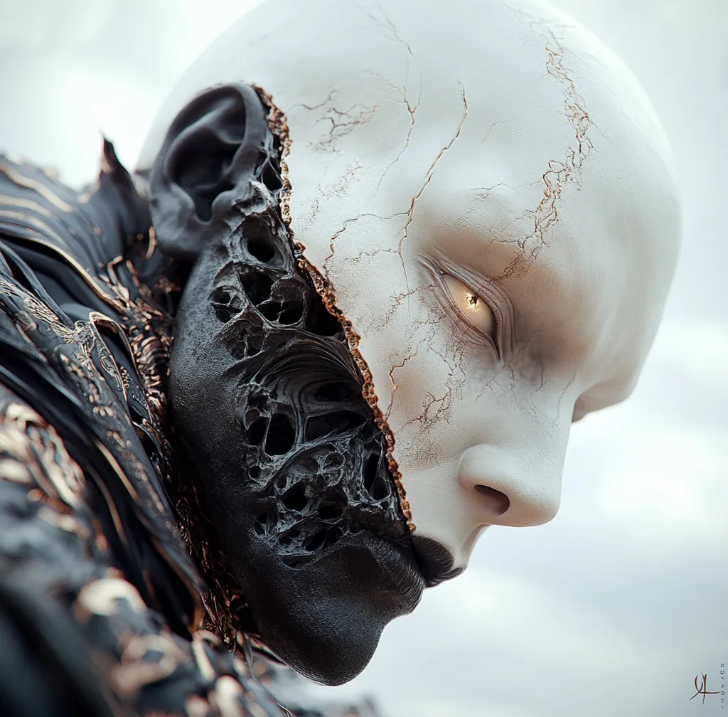 Close-up of a digital rendering depicting a humanoid figure with a face partially decaying, revealing a dark, textured underlayer.  The remaining skin is pale and cracked, with one glowing yellow eye visible.  The figure is clad in dark clothing adorned with gold accents, creating a stark contrast between light and shadow, decay and resilience. The overall impression is one of haunting beauty and unsettling mystery.