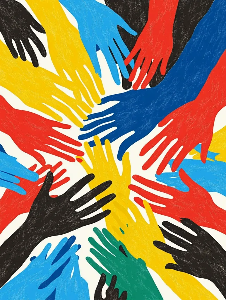 A vibrant illustration showcases numerous hands in various colors—red, yellow, blue, green, and black—intertwined at the center.  The stylized hands, rendered with textured strokes, create a dynamic and unified composition symbolizing collaboration, community, and unity. The bold colors and overlapping forms evoke a sense of energy and shared purpose.