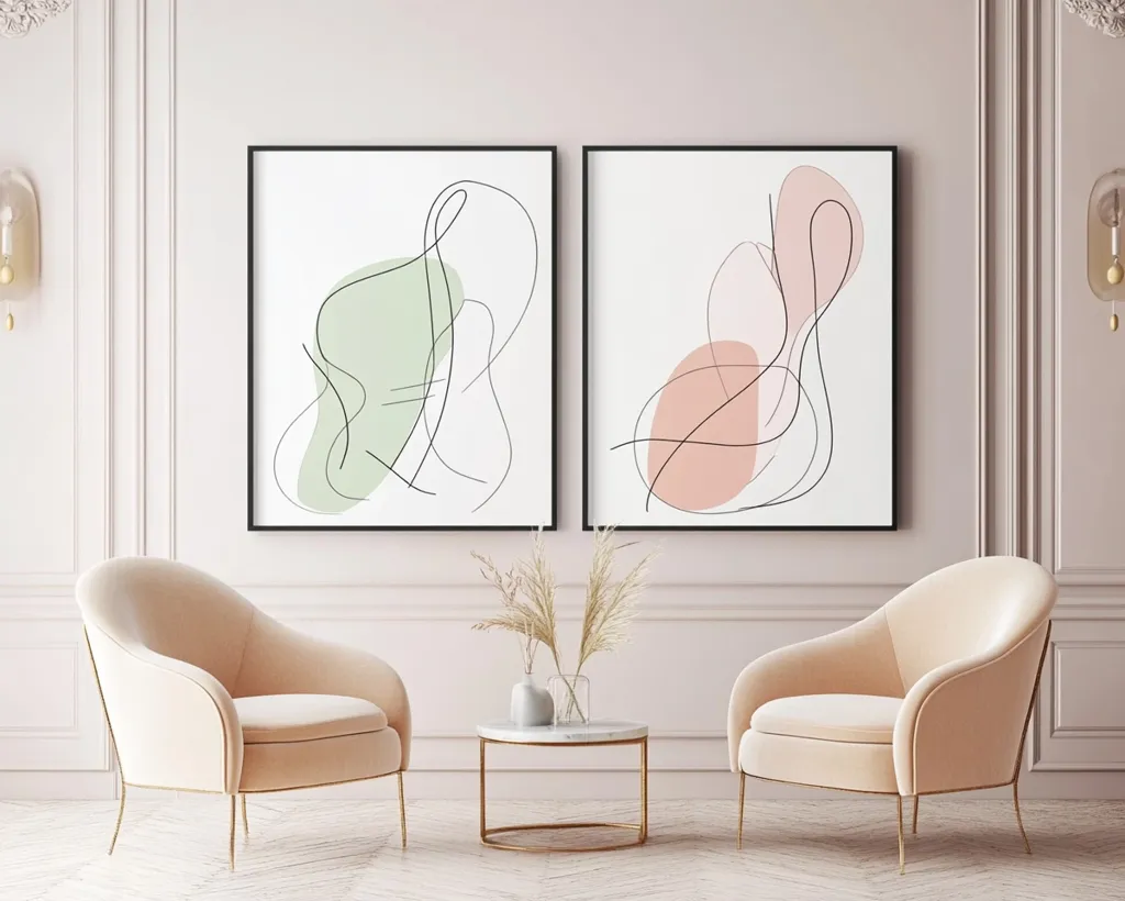 Two blush-toned velvet armchairs flank a small gold-legged coffee table in a minimalist living room.  Above the chairs, two matching framed prints feature abstract line art in pale green and peach, creating a serene and sophisticated atmosphere.  The room is painted in a soft neutral tone, enhancing the calming effect of the decor.