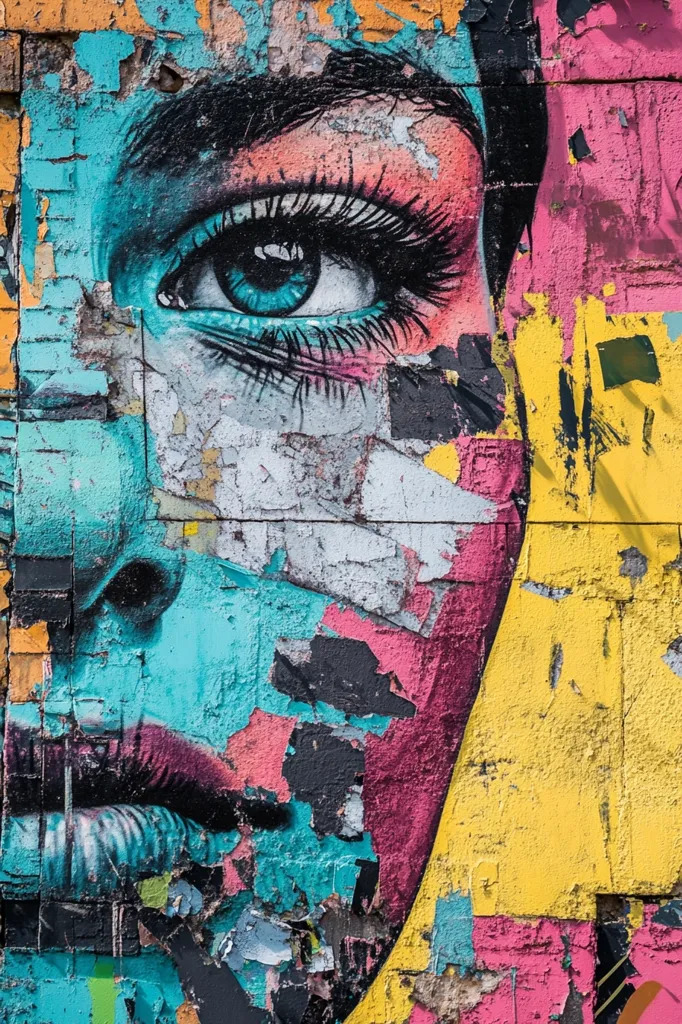 A vibrant graffiti mural depicting a woman's face, focusing on a striking blue eye.  The artwork is layered with teal, pink, yellow, and black, creating a textured effect.  The paint is applied over a weathered brick wall, with sections of the underlying brick and previous paint showing through, adding to the artwork's distressed, urban aesthetic.  The style is bold and expressive.