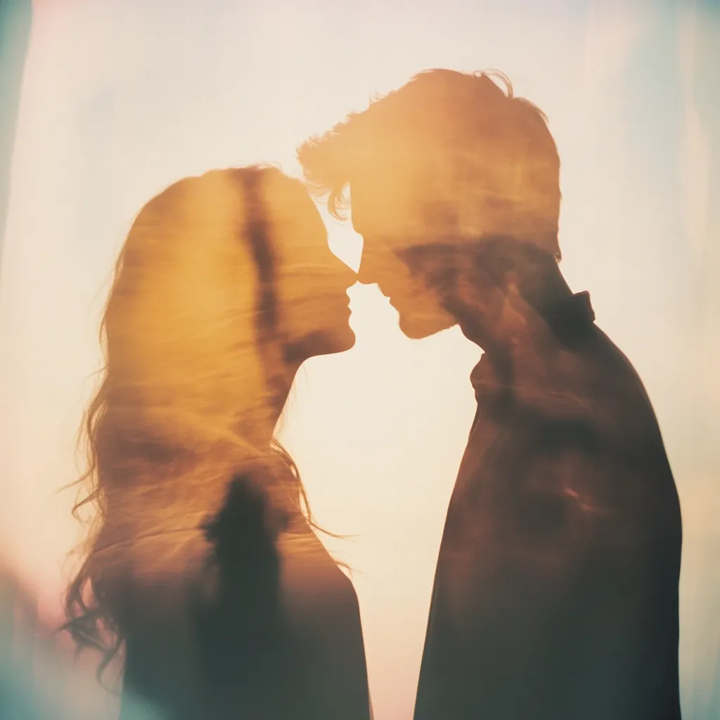 A silhouette of a couple facing each other, heads tilted in, about to kiss.  Their forms are softly blurred and backlit by a warm, golden light, creating a romantic and ethereal atmosphere. The image suggests intimacy and connection, with the sun setting or rising in the background. The overall effect is dreamy and evocative.