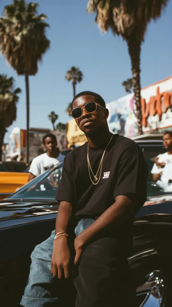 A young Black man with sunglasses sits on a vintage car, wearing a black t-shirt and gold chains.  He is casually dressed in jeans, and his relaxed posture suggests a confident and comfortable demeanor. The background features palm trees and a brightly colored mural, creating a sunny Los Angeles vibe. Another man is visible in the background, partially obscured. The overall scene is stylish and evokes a sense of effortless cool.