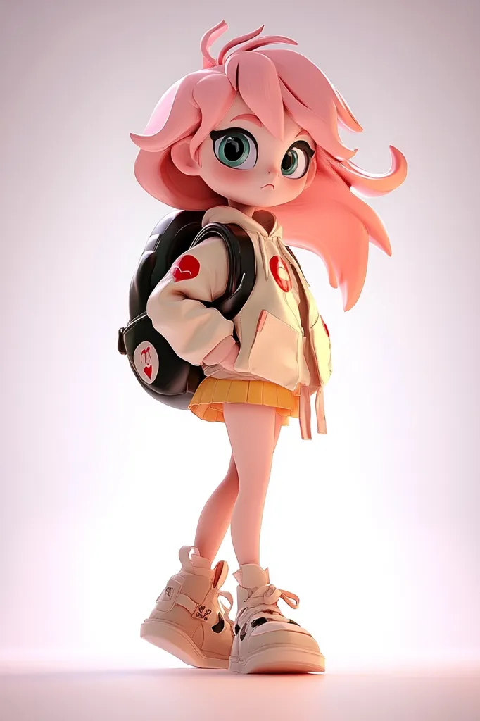 A 3D rendered image showcases a cute anime-style girl with long pink hair. She's wearing a cream-colored hoodie adorned with red heart-shaped designs, a yellow pleated skirt, and chunky cream-colored sneakers.  A black backpack with a heart detail rests on her back.  Her large eyes and expressive pose give her a charming, slightly pensive look. The overall style is soft and playful, with a focus on smooth textures and vibrant colors.