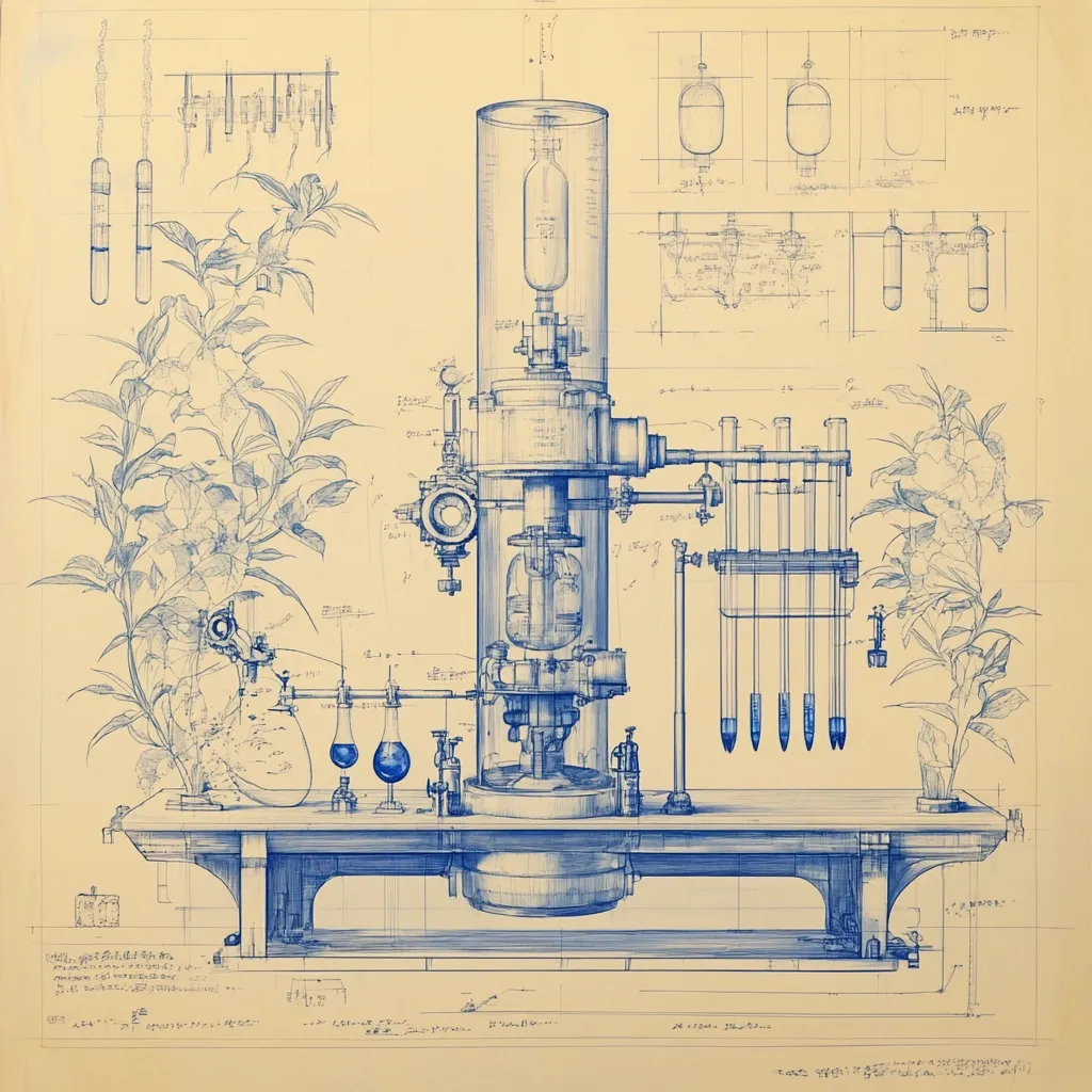 A detailed blueprint depicts an intricate, steampunk-style apparatus, possibly a scientific instrument or alchemical device.  The central structure is a tall, cylindrical machine with numerous tubes, valves, and containers.  Flanking it are plants in pots, suggesting a botanical or bio-engineering context.  The drawing style is reminiscent of technical illustrations from the late 19th or early 20th century.  Smaller diagrams supplement the main illustration, providing further technical details.