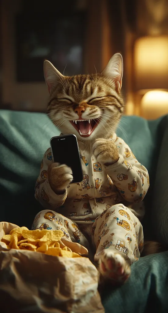 A tabby cat, wearing pajamas, sits on a teal couch, laughing heartily while holding a smartphone.  A bag of chips rests beside it. The warm lighting and cozy setting create a humorous and endearing scene, suggesting the cat is enjoying something amusing on its phone.  The image is digitally enhanced to give the cat a human-like expression.