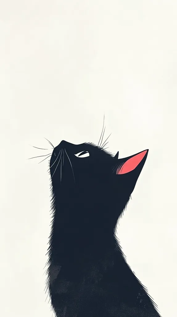 A stylized illustration features a black cat gazing upward, its body angled to the right.  The cat's fur is depicted with a textured, slightly rough quality. The inner ears exhibit a subtle pinkish hue, contrasting with the deep black of its coat.  The background is a simple, off-white, emphasizing the cat as the focal point. The overall style is minimalist and elegant.