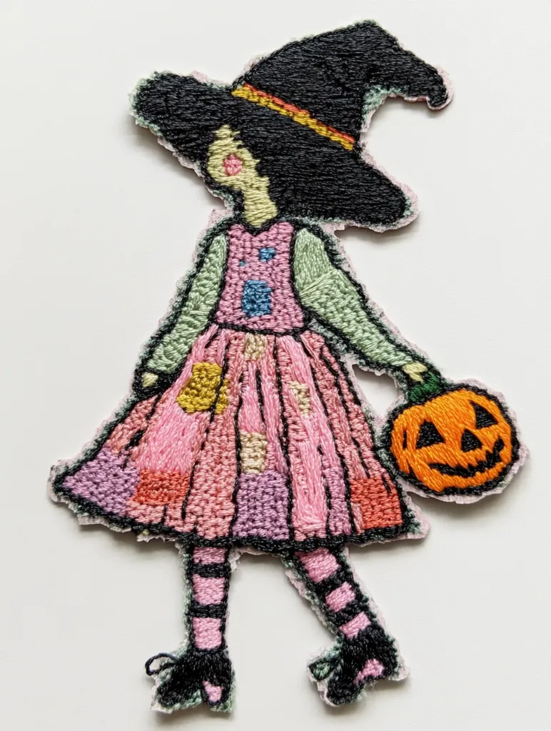 A charming hand-embroidered patch depicts a little witch.  She wears a pink patchwork dress, black and pink striped stockings, and black shoes. Her large black hat is adorned with a yellow band.  The witch carries a small, intricately embroidered orange pumpkin, adding a delightful Halloween touch to this whimsical design. The colorful stitches create a textured and appealing aesthetic.