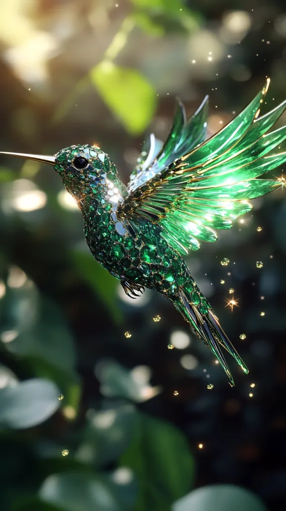 A breathtaking hummingbird, crafted from shimmering emeralds and gold, takes flight.  Its wings, meticulously detailed, seem to catch the light, creating a dazzling display of green brilliance.  The jewel-encrusted bird is set against a softly blurred background of lush green foliage, enhancing its ethereal beauty.  Tiny sparkling particles surround it, suggesting movement and magic.