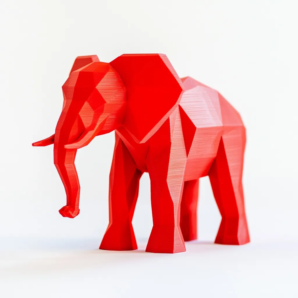 A vibrant red, low-poly elephant figurine stands against a stark white background.  Its geometric design is clearly visible, showcasing a modern, almost abstract interpretation of the animal. The textured surface suggests it may be 3D-printed. The elephant's posture is relaxed and slightly angled, giving it a sense of calm. The bright color and clean background create a striking visual contrast.