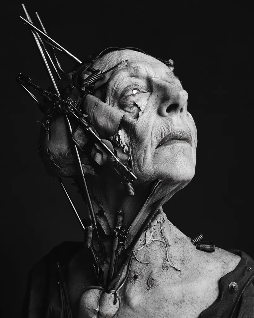 A black and white, close-up shot depicts an elderly person's face and neck, seemingly integrated with a complex network of metallic rods and springs.  The skin appears aged and damaged, creating a stark contrast with the sleek, mechanical components. The subject's gaze is directed upward, suggesting a sense of vulnerability or defiance. The overall effect is one of unsettling beauty and a blend of organic and technological elements.