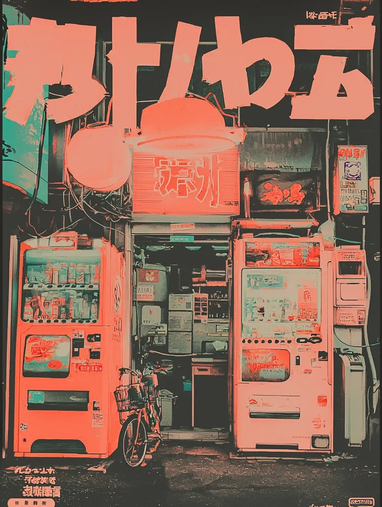 A vibrant, stylized image depicts a narrow Japanese street scene at night.  Dominated by coral and peach tones, it features two large, retro vending machines flanking a doorway.  Japanese kanji characters are prominently displayed above the shop, suggesting a beverage or snack establishment.  A bicycle is parked in front, adding to the atmospheric charm of the alleyway. The overall aesthetic is reminiscent of vintage Japanese street photography with a digitally enhanced color palette.