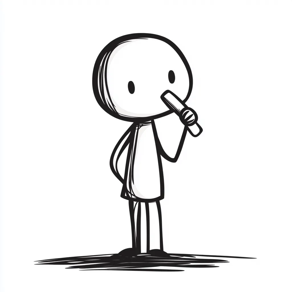 A simple line drawing of a stick figure holding a small object to its mouth, possibly a toothbrush or microphone. The figure is standing on a roughly drawn ground.  The style is childlike and whimsical, with bold outlines and minimal detail. The figure appears thoughtful or contemplative.