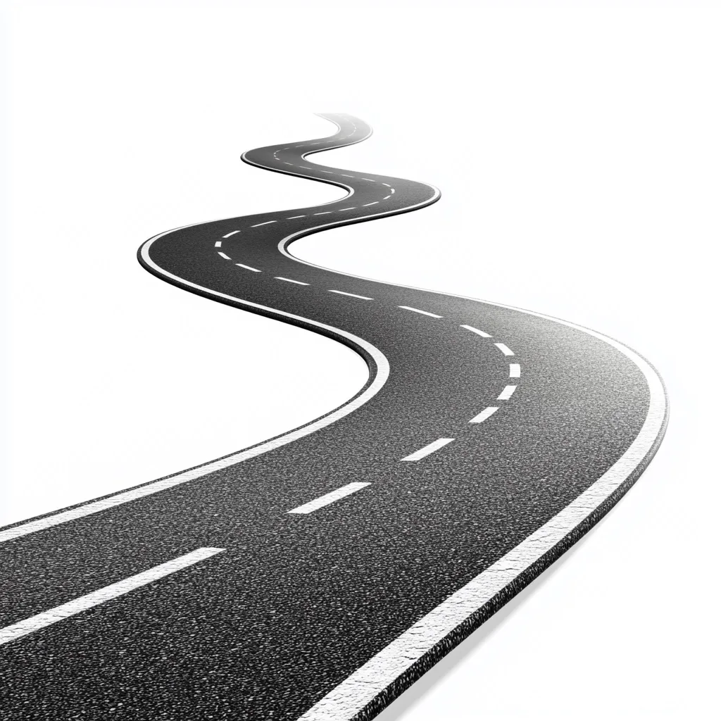 A winding asphalt road stretches into the distance against a stark white background.  The road curves gently, showcasing its dark surface marked by dashed white lines indicating lanes.  The perspective creates a sense of journey and the unknown path ahead.  The image is clean and simple, focusing on the road's continuous flow.