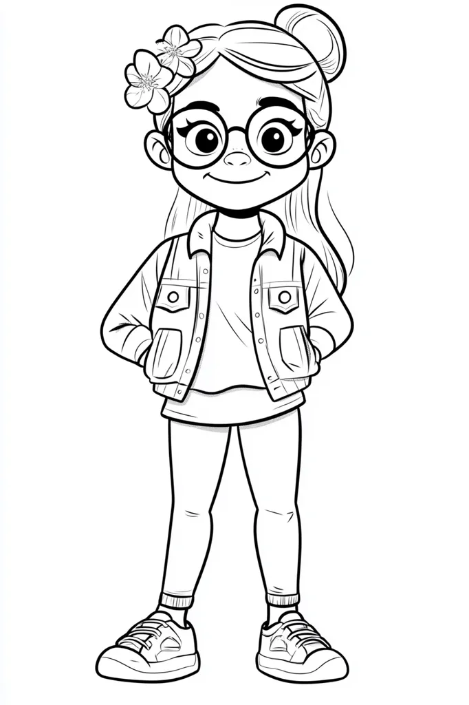 A black and white line drawing of a girl wearing glasses, a denim jacket, and leggings. She has her hands in her pockets and is wearing sneakers.  Flowers adorn her hair, which is styled in a half-updo. The style is cartoonish and cute, suitable for coloring.