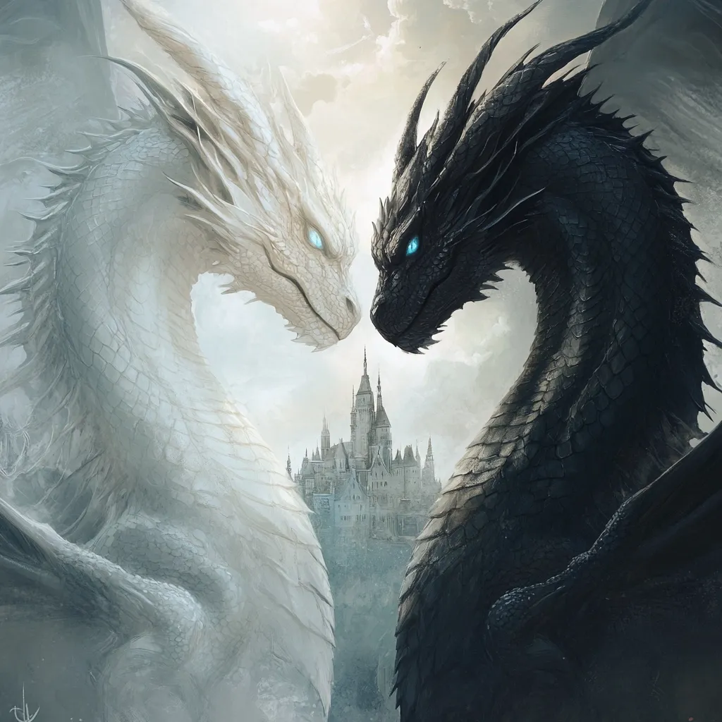 A majestic white dragon and a powerful black dragon face each other, their heads forming a heart shape.  Their icy blue eyes meet, a silent communication passing between them.  A fairytale castle sits in the background, dwarfed by the immense creatures, suggesting a scene of fantasy and perhaps impending conflict or a fragile peace. The image evokes a sense of power and mystery.