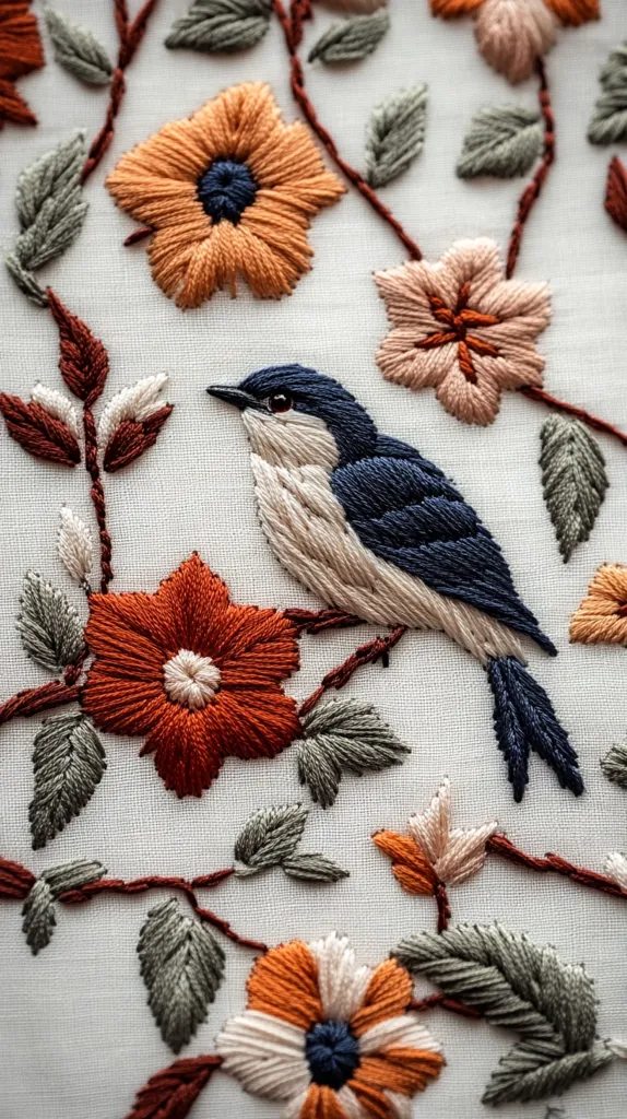 A detailed embroidery showcases a bird perched on a flowering branch.  The bird, rendered in shades of blue and cream, is surrounded by meticulously stitched flowers in warm oranges, reds, and creams.  The leaves are a muted green, providing contrast to the vibrant blooms. The overall effect is a delicate and richly textured piece of textile art.