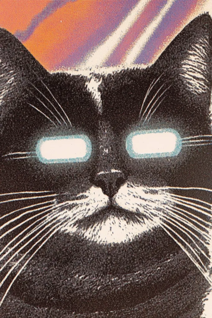 Close-up of a black cat's face, depicted in a stylized manner. The cat has white fur around its mouth and chin, contrasting with its dark fur.  Its eyes are rendered with bright, light-blue rectangular highlights, giving a somewhat futuristic or surreal feel. The background is an abstract blend of orange, purple, and beige. The overall style suggests a print or illustration, possibly from a book or poster.