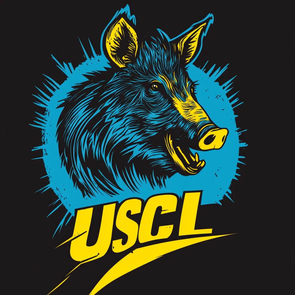 A stylized graphic features a boar's head, rendered in shades of blue and black, set against a circular, blue, grunge-style background.  The boar's expression is fierce, its teeth bared. Below the image, the acronym "USCL" is displayed in bold, yellow lettering, positioned dynamically on a yellow streak. The overall design is sharp and edgy, suitable for a logo or emblem.