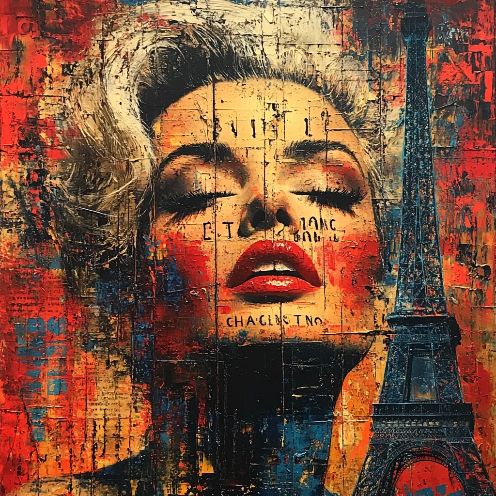 A vibrant, abstract painting features a stylized female face with platinum blonde hair, reminiscent of Marilyn Monroe.  The face is rendered in bold strokes of red, orange, and black, overlaid with text fragments.  To the right, the Eiffel Tower is depicted in dark blues and blacks, contrasting against the warmer tones of the portrait.  The overall effect is a dynamic and expressive blend of portraiture and cityscape.