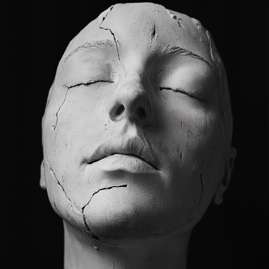 A monochrome close-up captures a clay sculpture of a woman's head.  Her eyes are closed, and her face is serenely expressive.  The clay's surface is textured, with visible cracks creating a weathered, almost fragile effect. The dark background accentuates the sculpture's pale form, enhancing its artistic impact.  The image evokes a sense of vulnerability and quiet contemplation.