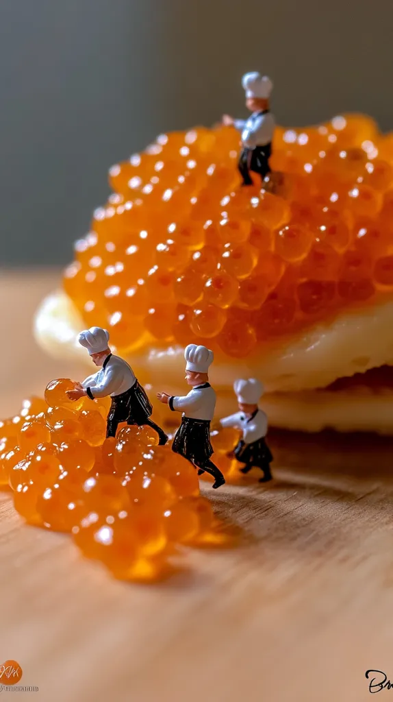 Miniature chefs work diligently on a large mound of vibrant orange salmon roe, meticulously arranging the glistening spheres atop a creamy, pale base.  The tiny figures, dressed in white chef hats and dark attire, add a whimsical, surreal element to the scene, suggesting a fantastical culinary endeavor. The setting appears to be a wooden surface, enhancing the overall visual narrative.