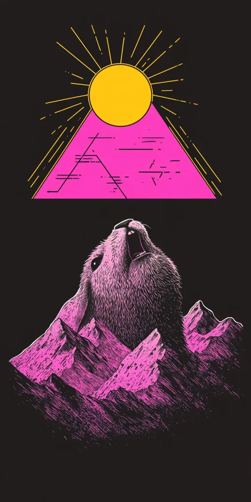 A stylized illustration features a pink, furry creature, possibly a rabbit or similar animal, positioned atop pink mountains. Its mouth is open, as if howling towards a geometric sun, depicted in yellow and placed within a pink triangle.  The background is black, creating a stark contrast with the vibrant pink and yellow elements.  The style is reminiscent of graphic design or printmaking.