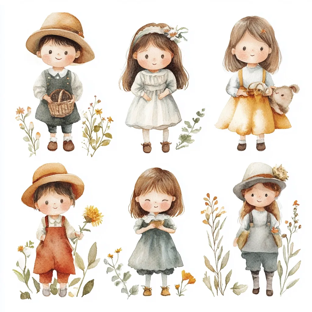 Six adorable watercolor children, three boys and three girls, are depicted in charming autumnal attire.  Each child holds a small item or carries a basket, and is surrounded by wildflowers.  The illustrations are sweet and whimsical, showcasing a gentle, pastoral aesthetic.  The style is reminiscent of children's book illustrations.