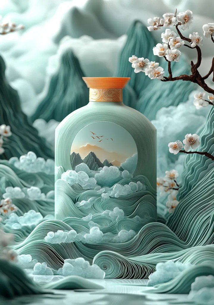 A teal-colored bottle, adorned with a gold top, sits amidst a meticulously crafted landscape of swirling waves and clouds.  The bottle features a circular inset depicting mountains and birds, mirroring the larger, paper-like scene.  Delicate white blossoms from a branch add a touch of elegance to the serene, almost ethereal composition. The overall effect is one of delicate artistry and tranquil beauty.