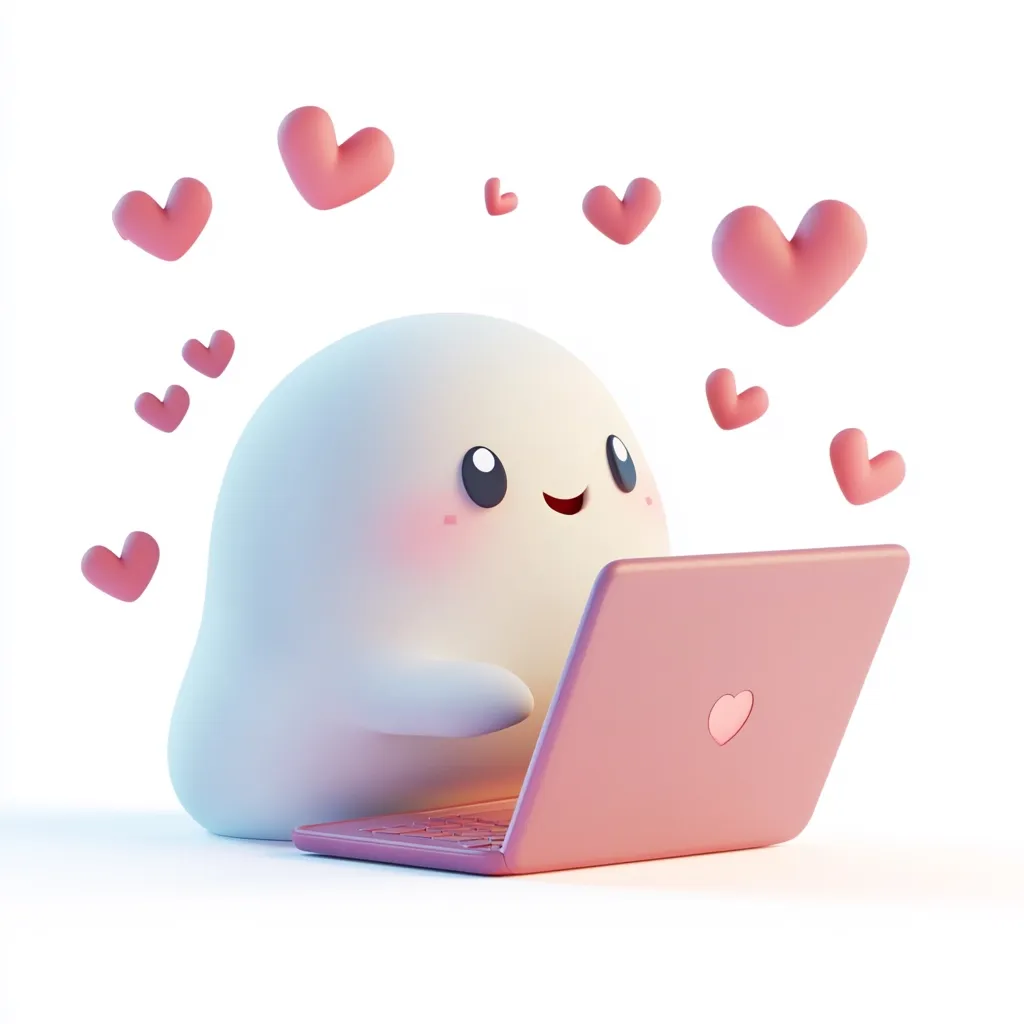A cute, chubby, white ghost-like character sits happily at a pink laptop.  Surrounding it are numerous small, pink hearts, creating a heartwarming and loving atmosphere. The ghost's cheerful expression and the floating hearts convey a sense of joy and affection.  The overall image is sweet and whimsical.