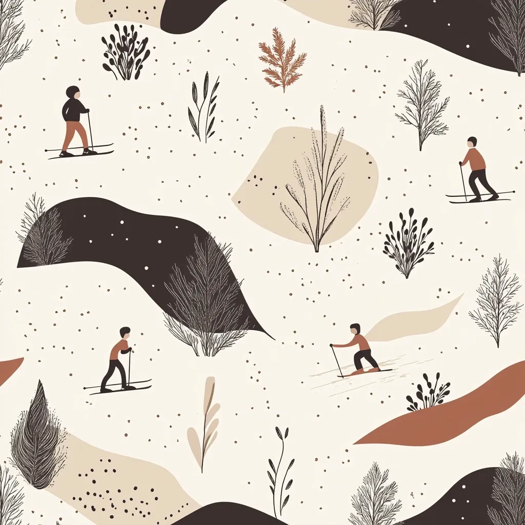 A seamless pattern depicting stylized skiers on a snowy landscape.  The design features minimalist figures cross-country skiing amidst abstract hills and simple botanical illustrations.  Neutral earth tones and black linework create a calm and wintery aesthetic suitable for fabric, wallpaper, or wrapping paper.  Small dots suggest falling snow.